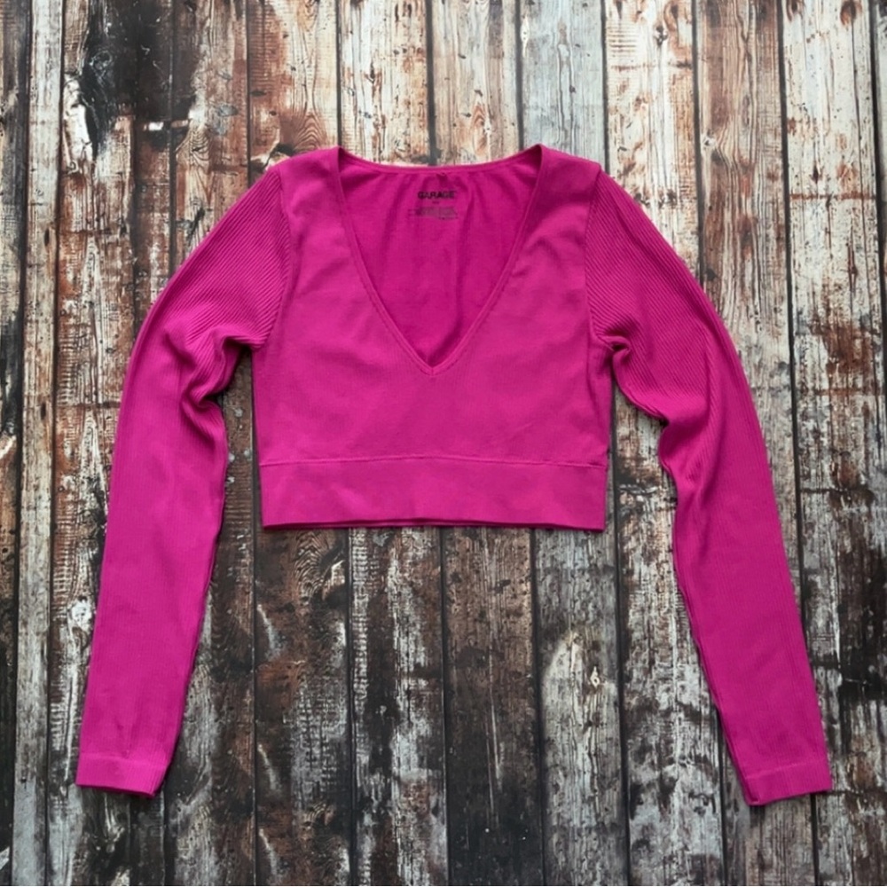 Garage Pink V-Neck Long Sleeve Crop Top